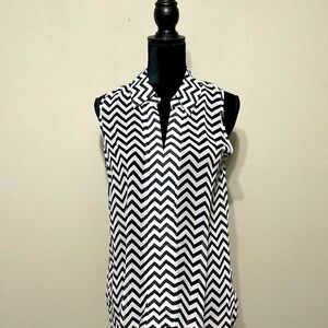 NWT Pink Owl Women's Sleeveless Sheer V-Neck Deep Navy Chevron Print Blouse, L